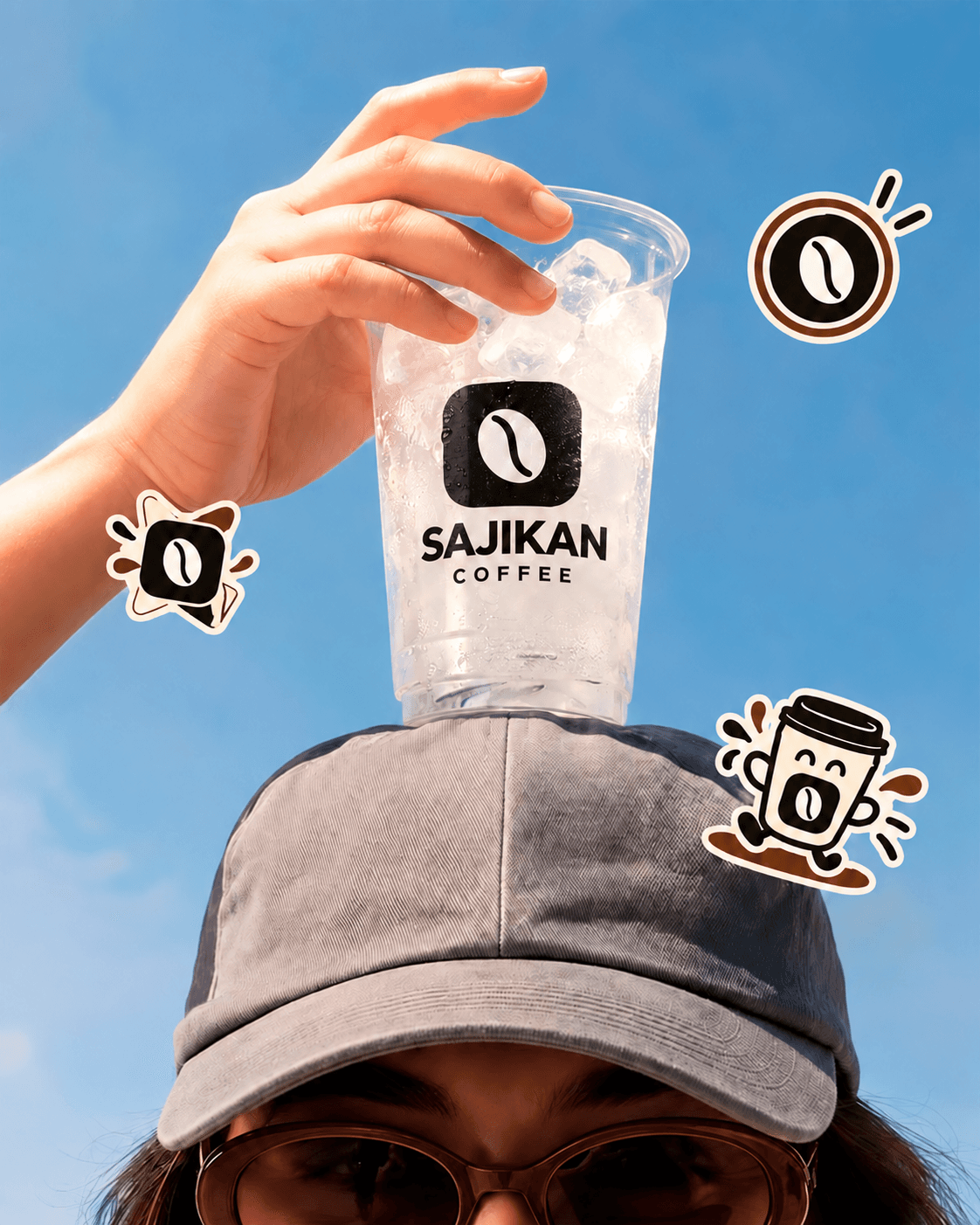 Kampanye Sajikan Coffee dengan gelas dingin di atas topi