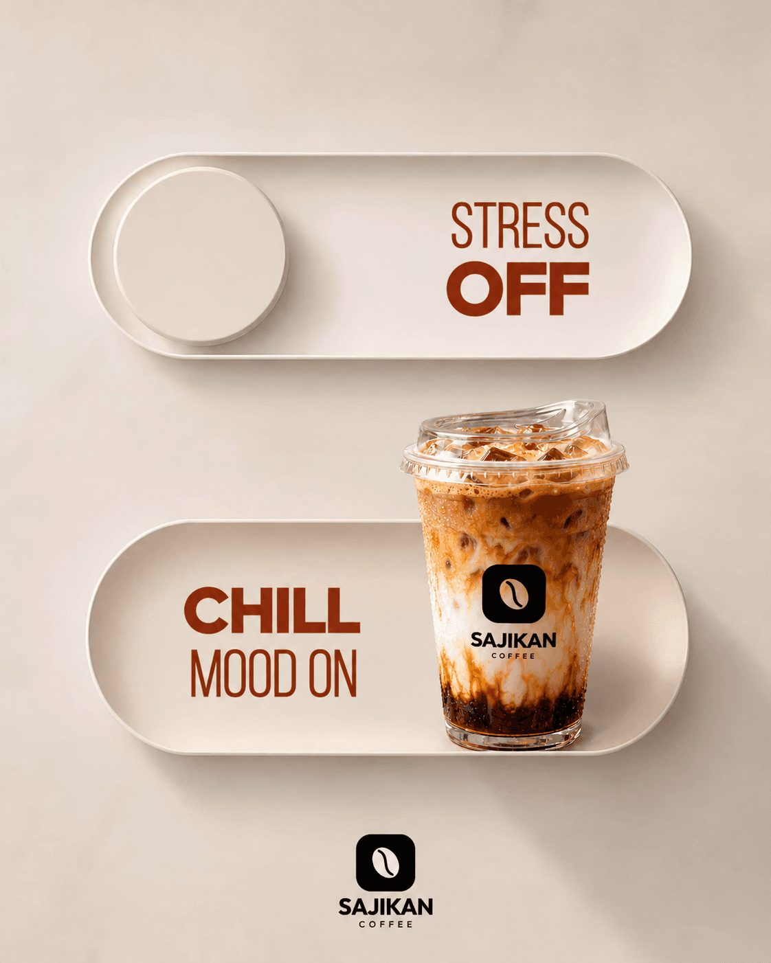 Poster Sajikan Coffee bertema Stress Off, Chill Mood On