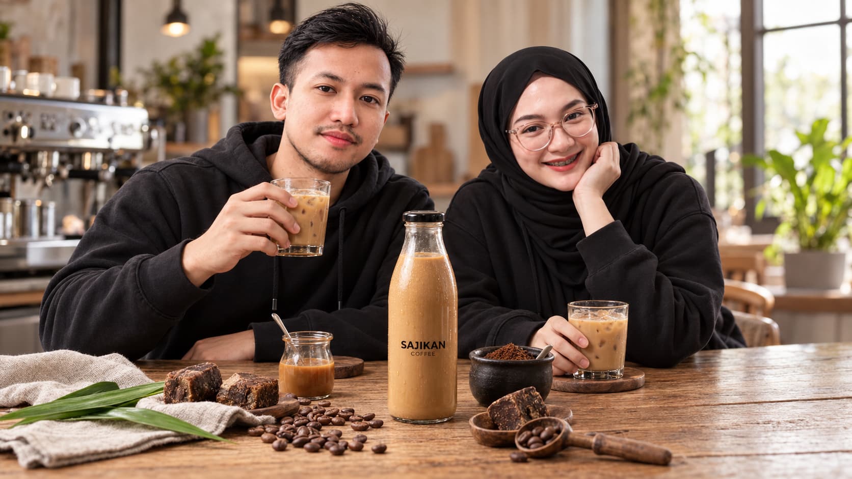 Suasana bar kopi Sajikan dengan barista, mesin espresso, dan minuman kopi