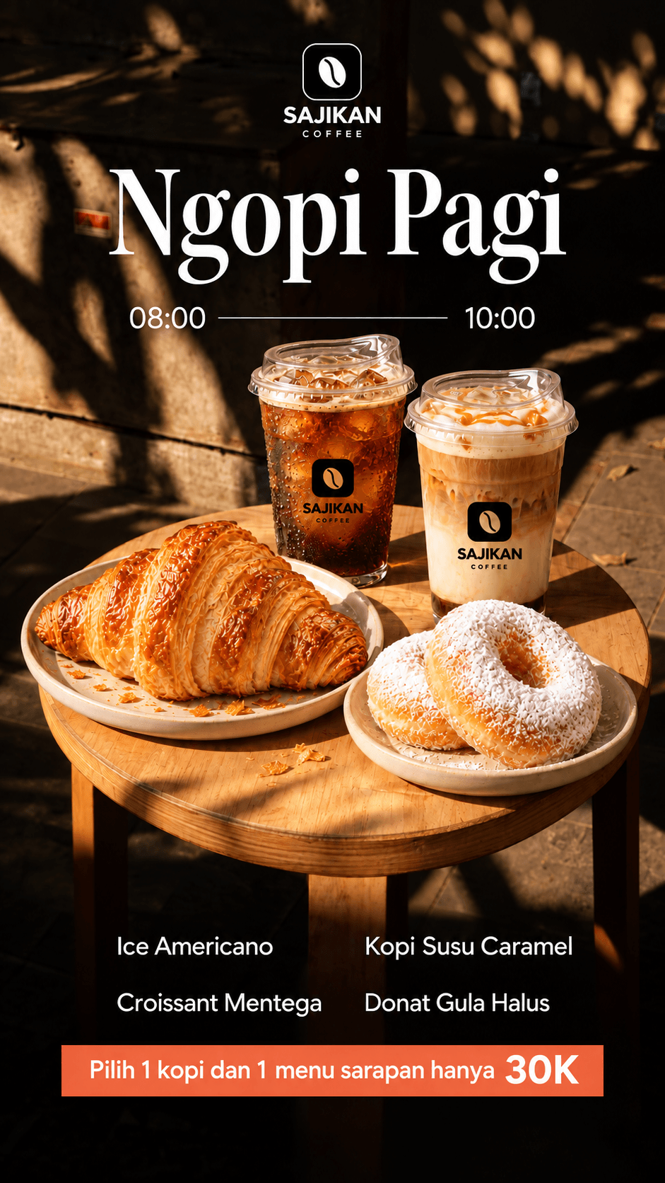 Paket Ngopi Pagi Sajikan Coffee dengan kopi dan menu sarapan